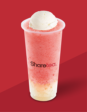 Strawberry Ice Blended with Lychee Jelly and Ice Cream - Creamy strawberry smoothie blended with ice, topped with lychee jelly and vanilla ice cream